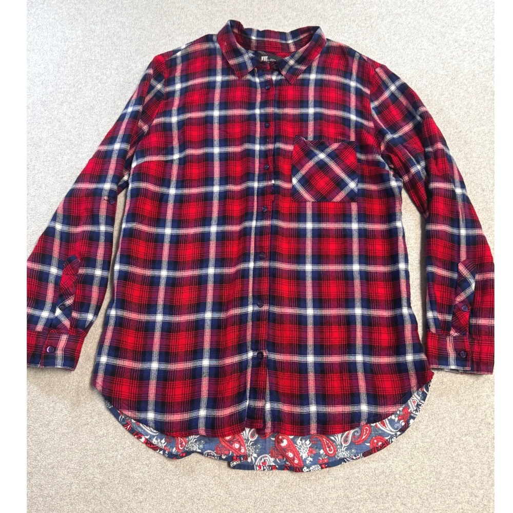 Kut From The Kloth Plaid Shirt Paisley Back Womens Med Button Flannel Red Blue